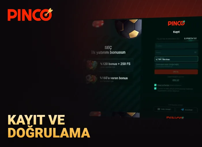 Pinco kayıt formunun ülke, para birimi ve bonus seçimi adımlarını gösteren görsel